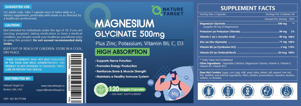 NATURE TARGET Magnesium Glycinate 500mg, Chelated Magnesium with Zinc & Vitamin D3 for Muscle, Nerve & Bone, Support Heart Health & Leg Cramp, Strength Immune System - 120 Capsules - TrustMedUSA