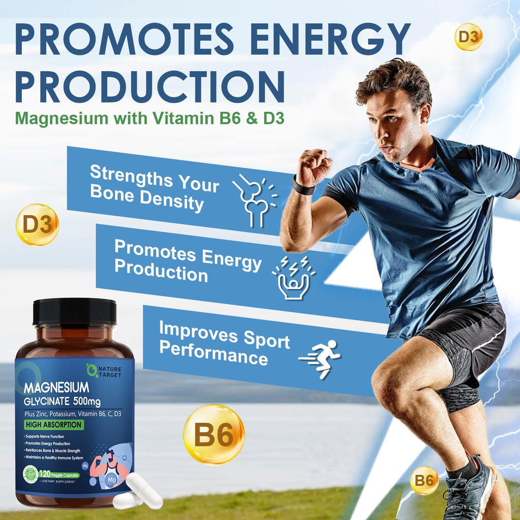 NATURE TARGET Magnesium Glycinate 500mg, Chelated Magnesium with Zinc & Vitamin D3 for Muscle, Nerve & Bone, Support Heart Health & Leg Cramp, Strength Immune System - 120 Capsules - TrustMedUSA