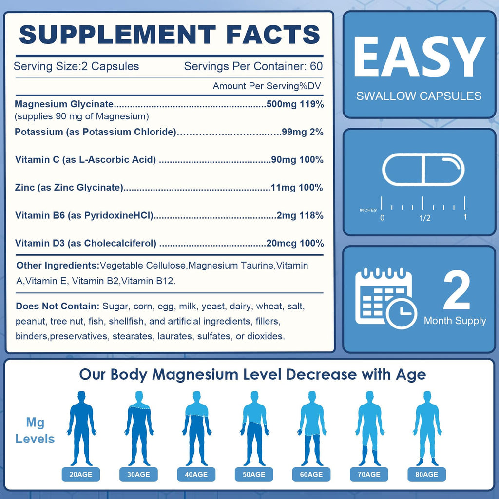 NATURE TARGET Magnesium Glycinate 500mg, Chelated Magnesium with Zinc & Vitamin D3 for Muscle, Nerve & Bone, Support Heart Health & Leg Cramp, Strength Immune System - 120 Capsules - TrustMedUSA