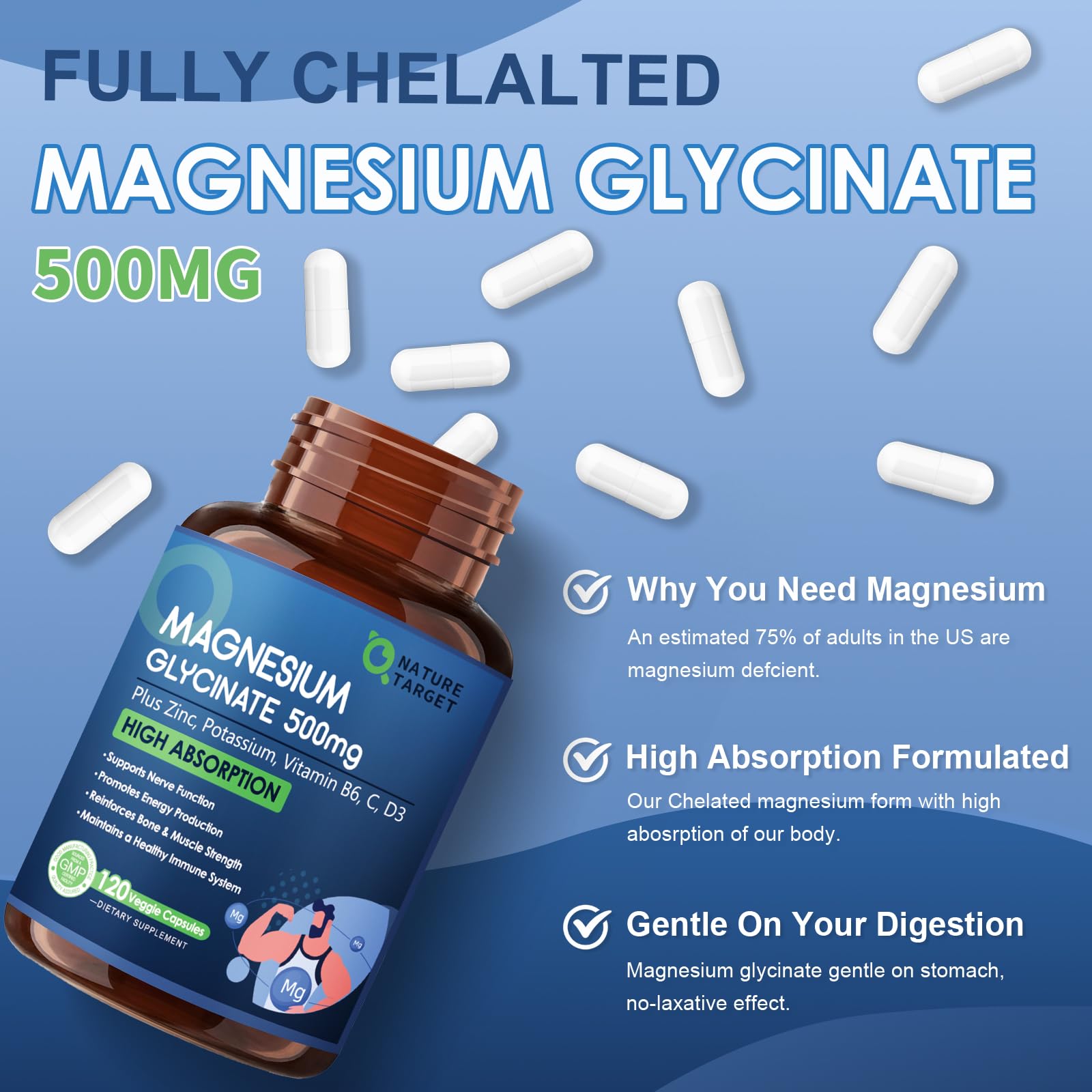 NATURE TARGET Magnesium Glycinate 500mg, Chelated Magnesium with Zinc & Vitamin D3 for Muscle, Nerve & Bone, Support Heart Health & Leg Cramp, Strength Immune System - 120 Capsules - TrustMedUSA