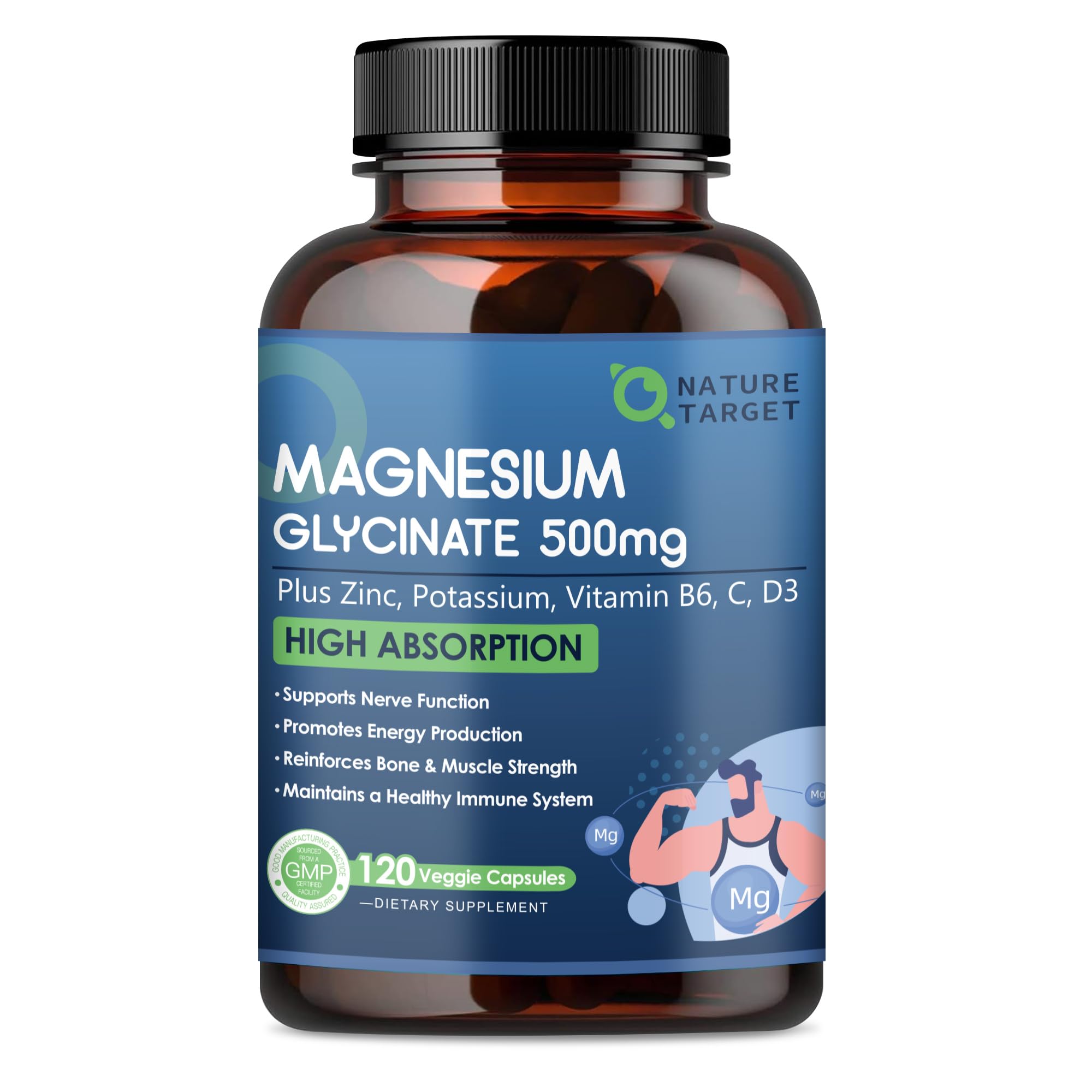 NATURE TARGET Magnesium Glycinate 500mg, Chelated Magnesium with Zinc & Vitamin D3 for Muscle, Nerve & Bone, Support Heart Health & Leg Cramp, Strength Immune System - 120 Capsules - TrustMedUSA