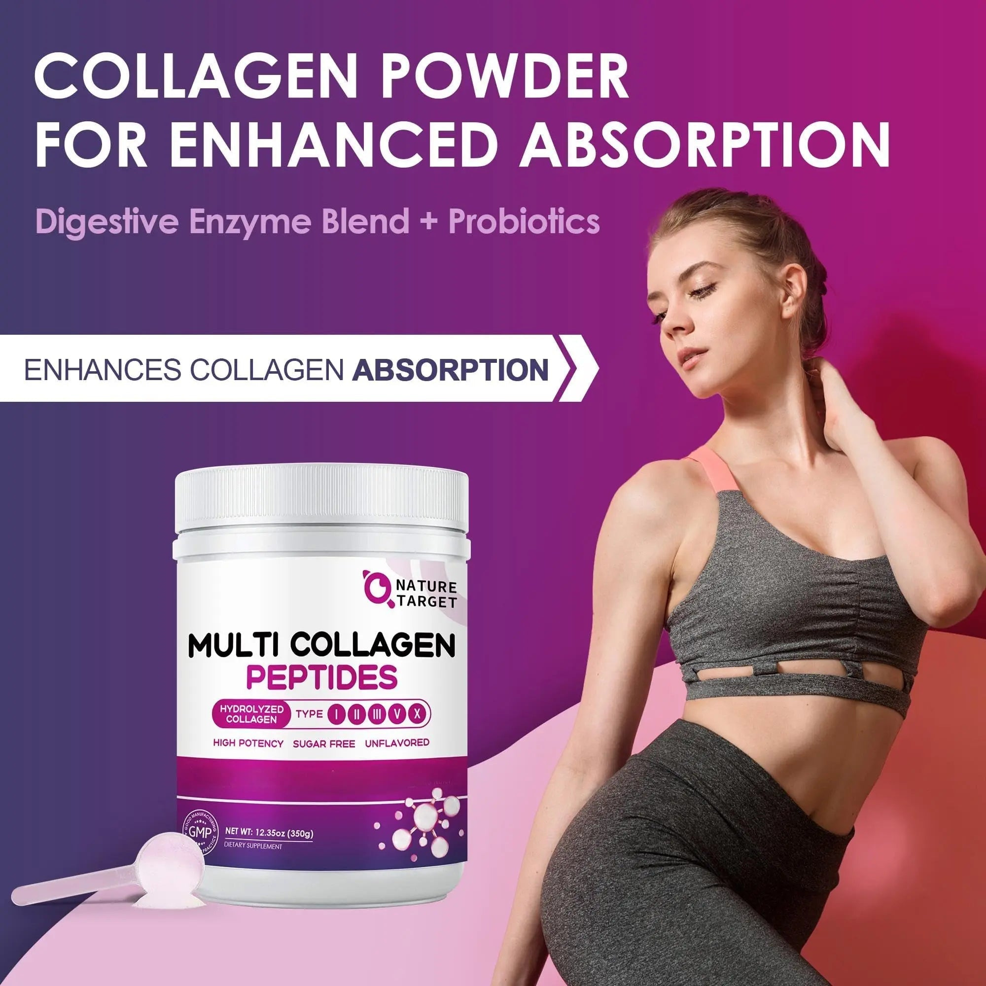 NATURE TARGET Multi Collagen Peptides Powder - Type I, II, III, V, X - Hydrolyzed Collagen Peptides with Vitamin C Hyaluronic Acid, Supports Skin Hair Nail & Joint - TrustMedUSA