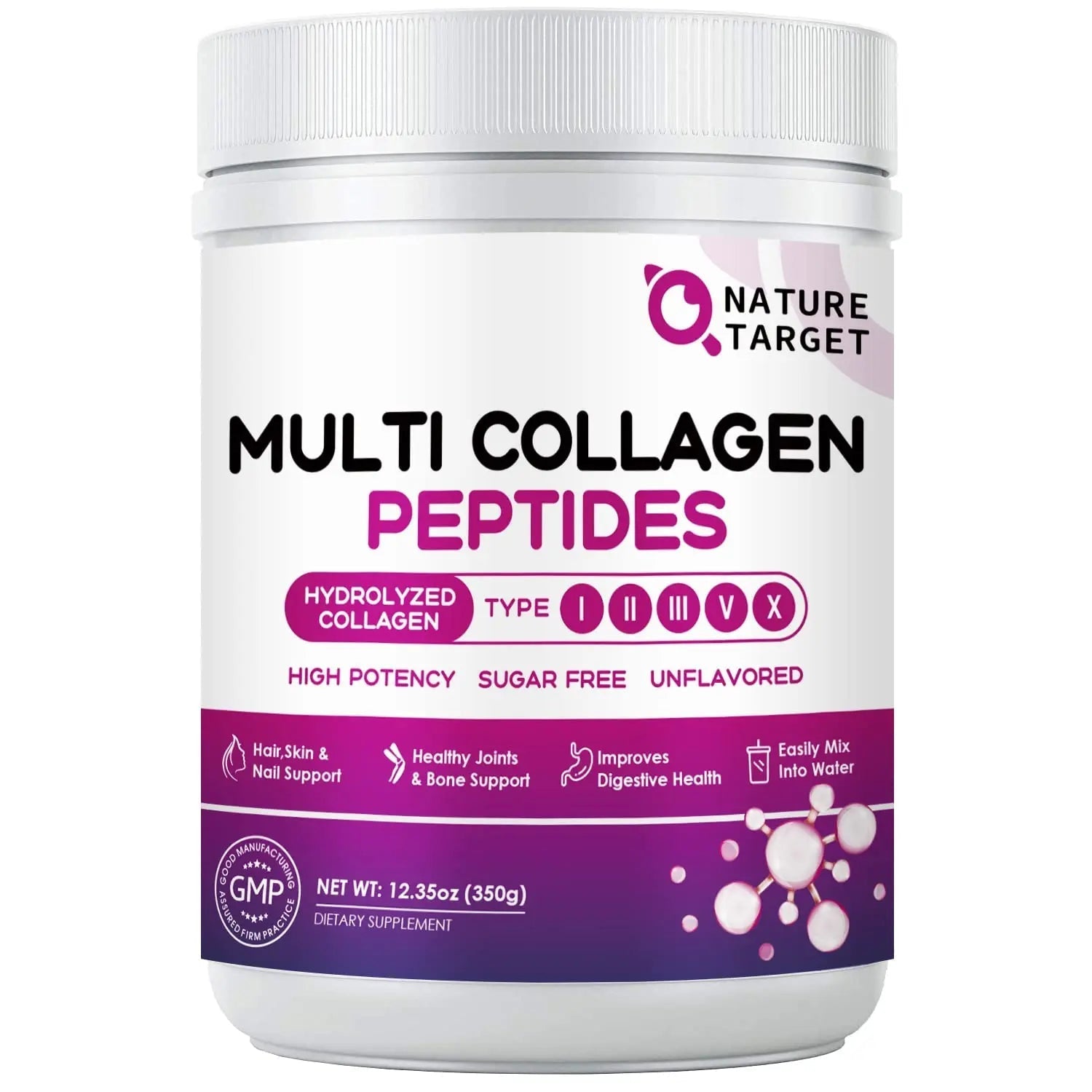 NATURE TARGET Multi Collagen Peptides Powder - Type I, II, III, V, X - Hydrolyzed Collagen Peptides with Vitamin C Hyaluronic Acid, Supports Skin Hair Nail & Joint - TrustMedUSA