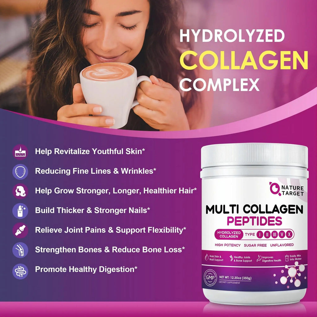 NATURE TARGET Multi Collagen Peptides Powder - Type I, II, III, V, X - Hydrolyzed Collagen Peptides with Vitamin C Hyaluronic Acid, Supports Skin Hair Nail & Joint - TrustMedUSA