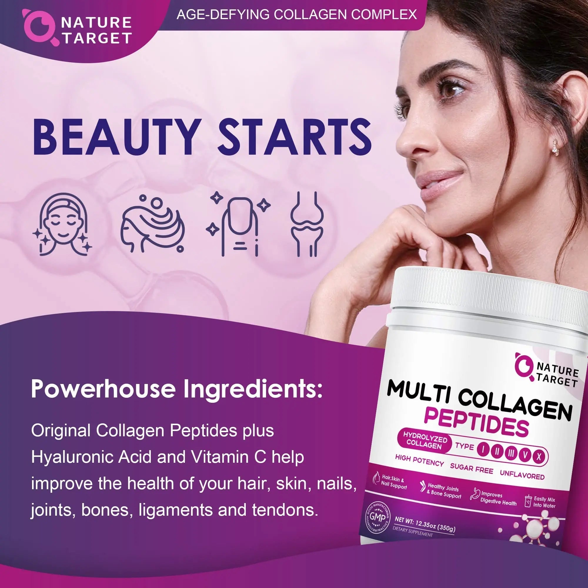 NATURE TARGET Multi Collagen Peptides Powder - Type I, II, III, V, X - Hydrolyzed Collagen Peptides with Vitamin C Hyaluronic Acid, Supports Skin Hair Nail & Joint - TrustMedUSA