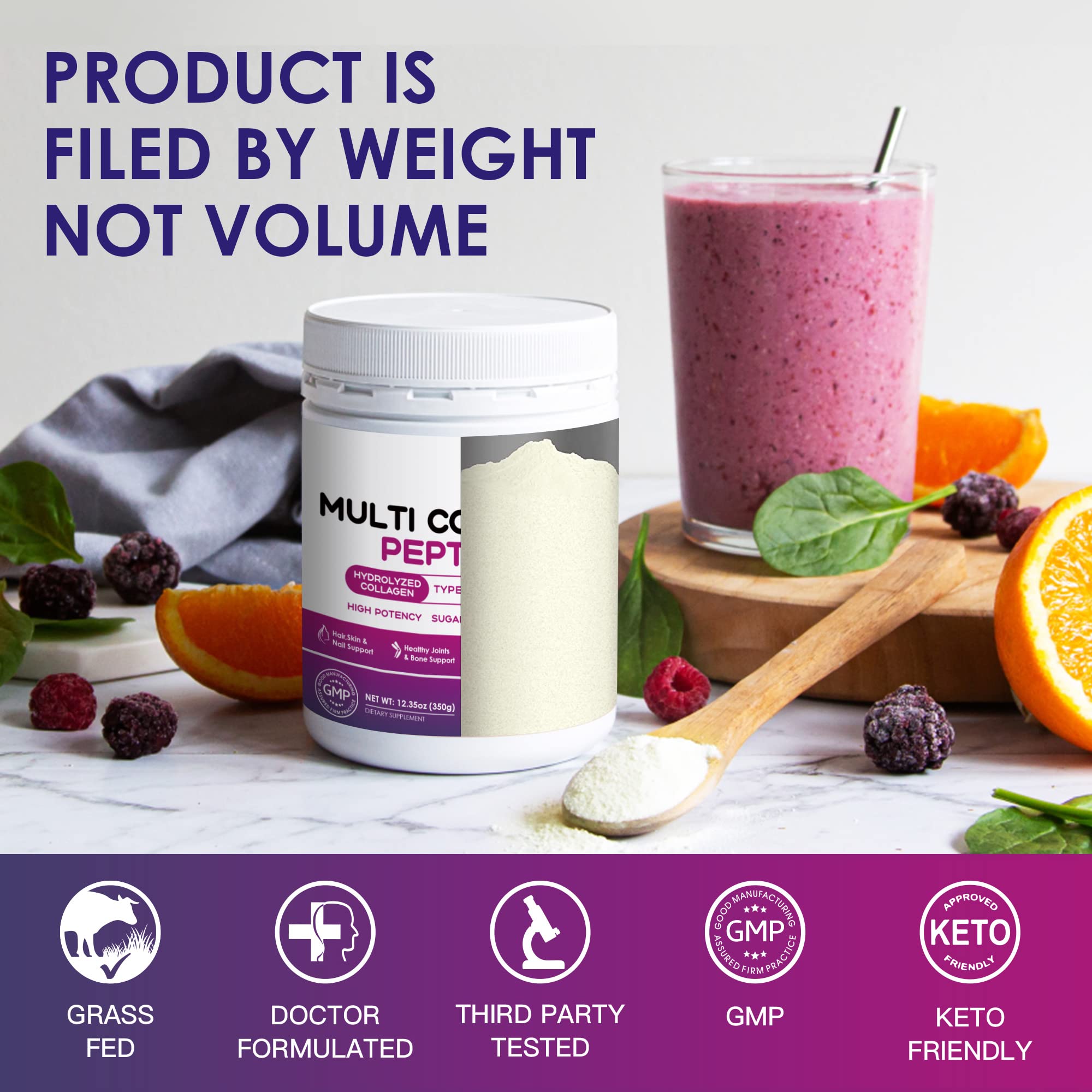 NATURE TARGET Multi Collagen Peptides Powder - Type I, II, III, V, X - Hydrolyzed Collagen Peptides with Vitamin C Hyaluronic Acid, Supports Skin Hair Nail & Joint, Grass-Fed, Non-GMO, 35 Servings - Maple Wellness Supplements