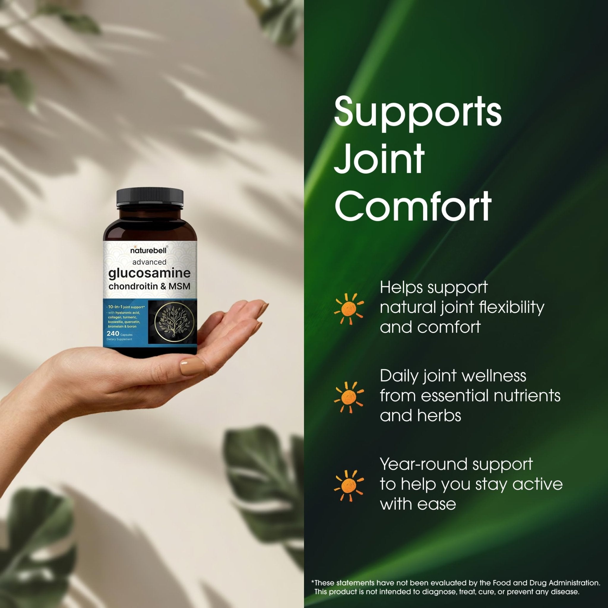 NatureBell Advanced Glucosamine Chondroitin & MSM - 240 Capsules - 10-in-1 Joint Support Complex* - Includes Hyaluronic Acid, Turmeric, Glucosamine, Collagen & More - TrustMedUSA