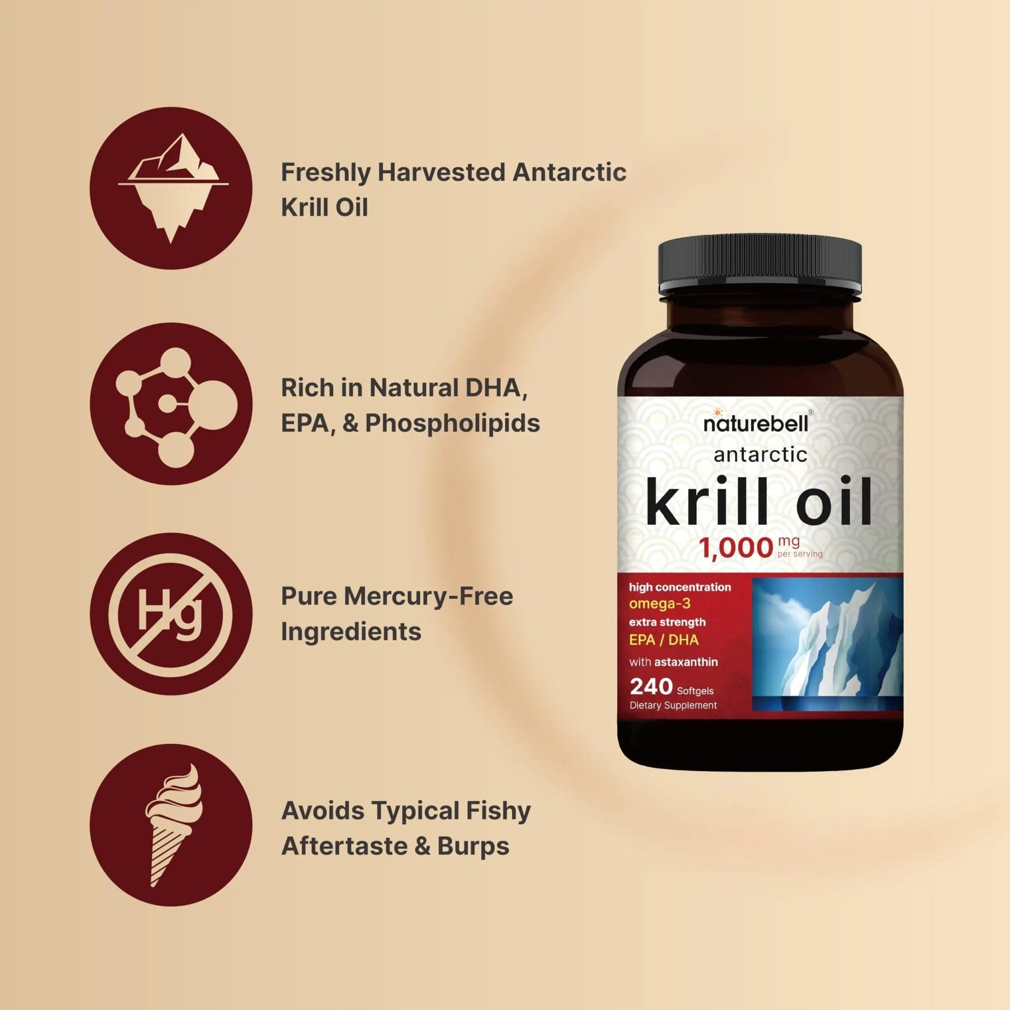 NatureBell Antarctic Krill Oil 1000mg Supplement, 240 Softgels, Natural Source of Omega-3 - TrustMedUSA