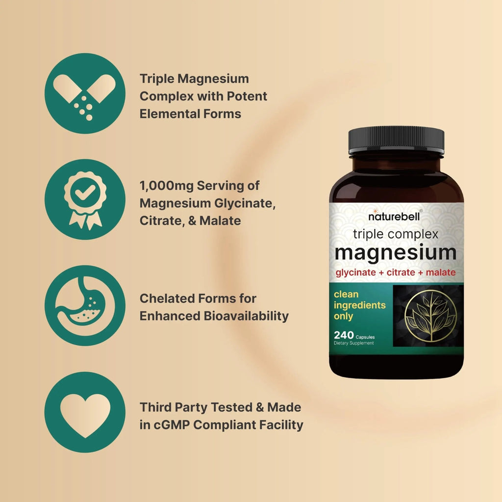 NatureBell Magnesium Complex for Women & Men 1,000mg Per Serving – 240 Capsules – Triple Magnesium Complex with Glycinate, Citrate & Malate – Chelated & Purified – Non‑GMO, Filler Free - TrustMedUSA