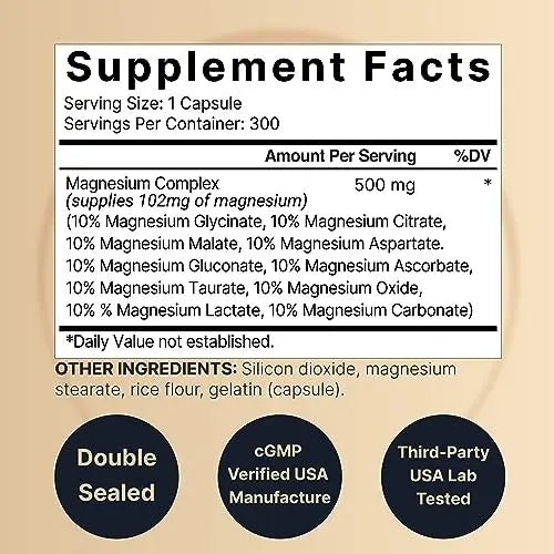 NatureBell Magnesium Complex Supplement 500mg, 300 Capsules | 10 Active Forms - TrustMedUSA