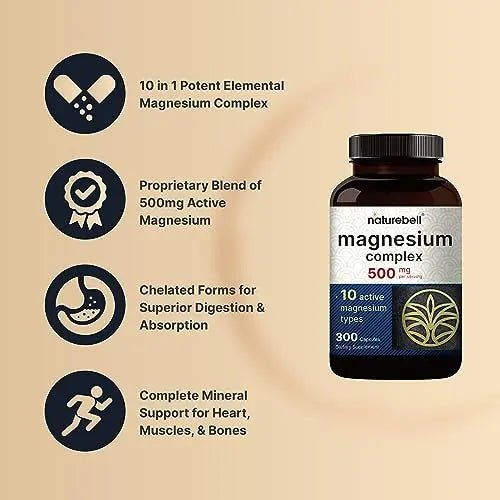 NatureBell Magnesium Complex Supplement 500mg, 300 Capsules | 10 Active Forms - TrustMedUSA