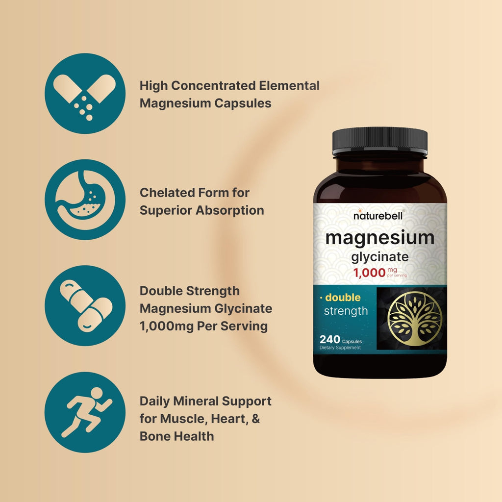 NatureBell Magnesium Glycinate 1,000mg, 240 Capsules | 500mg per Capsule | 100% Chelated & Purified | Sleep, Muscle & Nerve Support | Non-GMO, Gluten-Free - TrustMedUSA