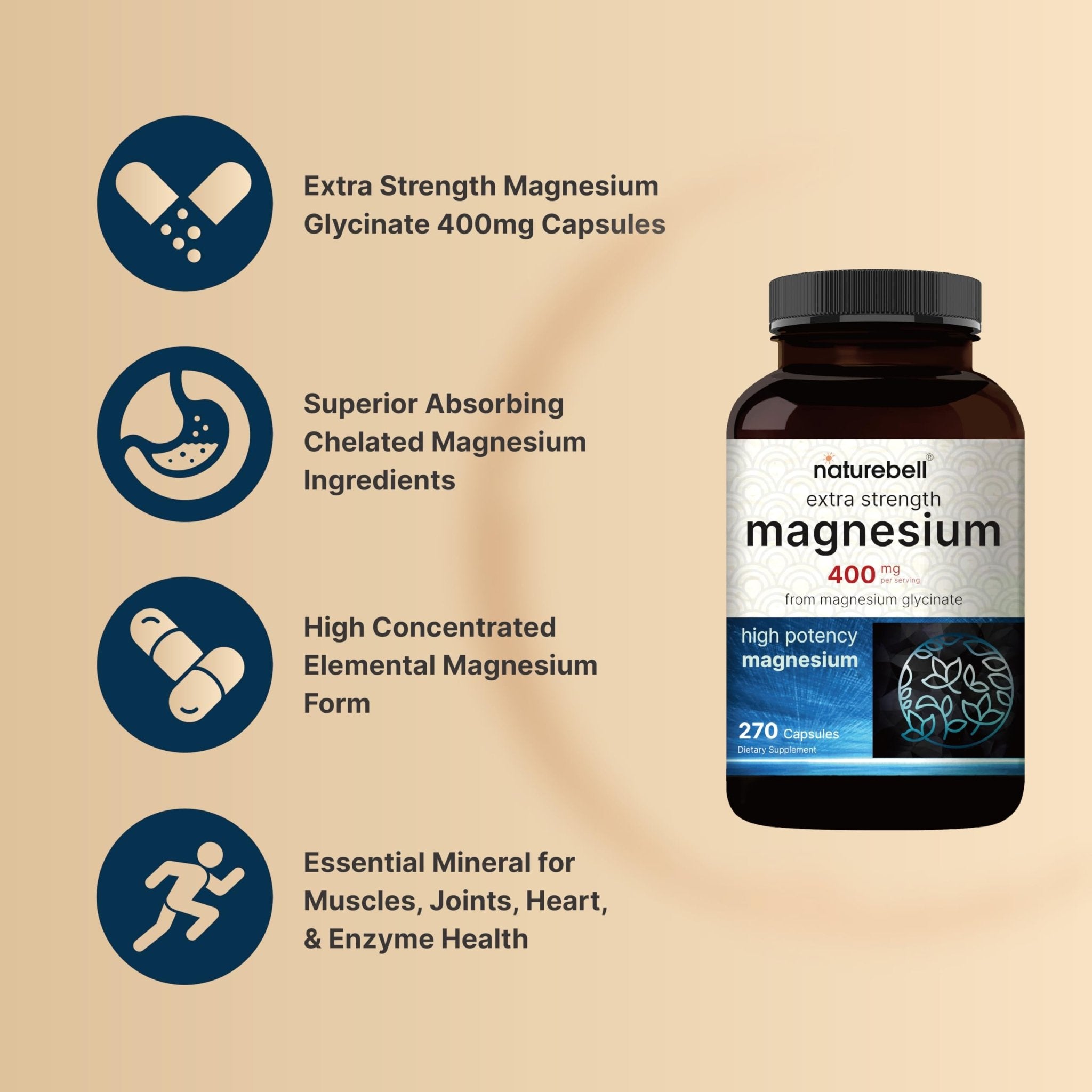 NatureBell Magnesium Glycinate 400mg Elemental, 270 Capsules | 100% Chelated for High Absorption | Supports Muscle, Bone & Heart Health | Non-GMO, Gluten-Free, Vegan - TrustMedUSA
