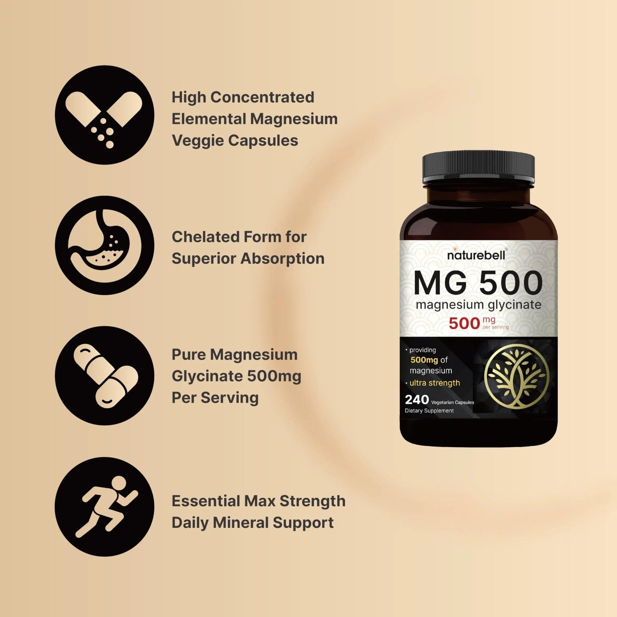 NatureBell Magnesium Glycinate 500mg Per Serving | 240 Veggie Capsule, 100% Chelated - TrustMedUSA