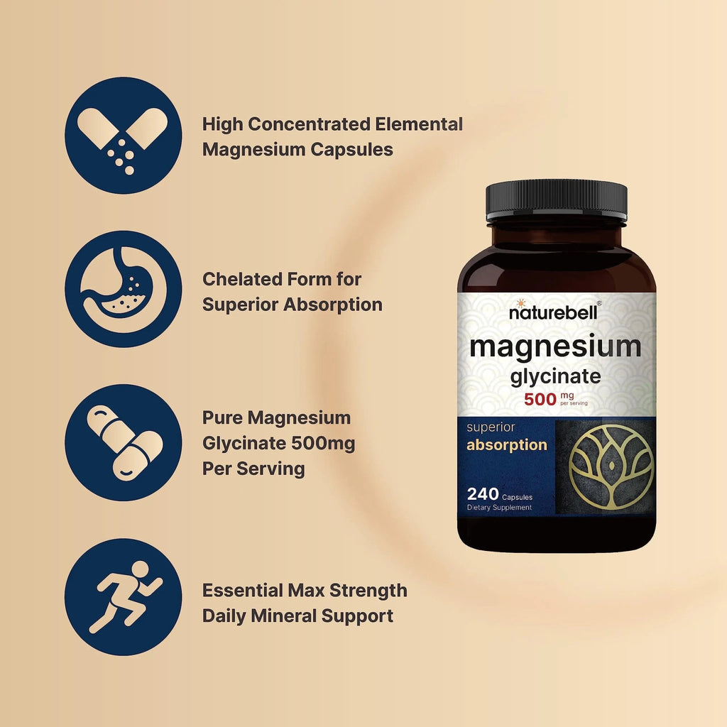 NatureBell Magnesium Glycinate Capsules 500mg | 240 Count, 100% Chelated & Purified - TrustMedUSA