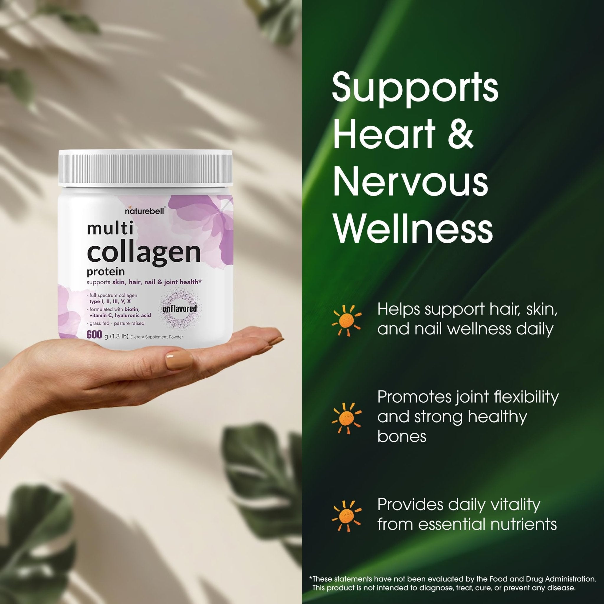 NatureBell Multi Collagen Protein Powder - 600g - Hydrolyzed Collagen Peptides - for Skin, Hair, Nail, Joint & Bone Health Support* - Grass-Fed & Keto-Friendly - Unflavored - Maple Wellness Supplements