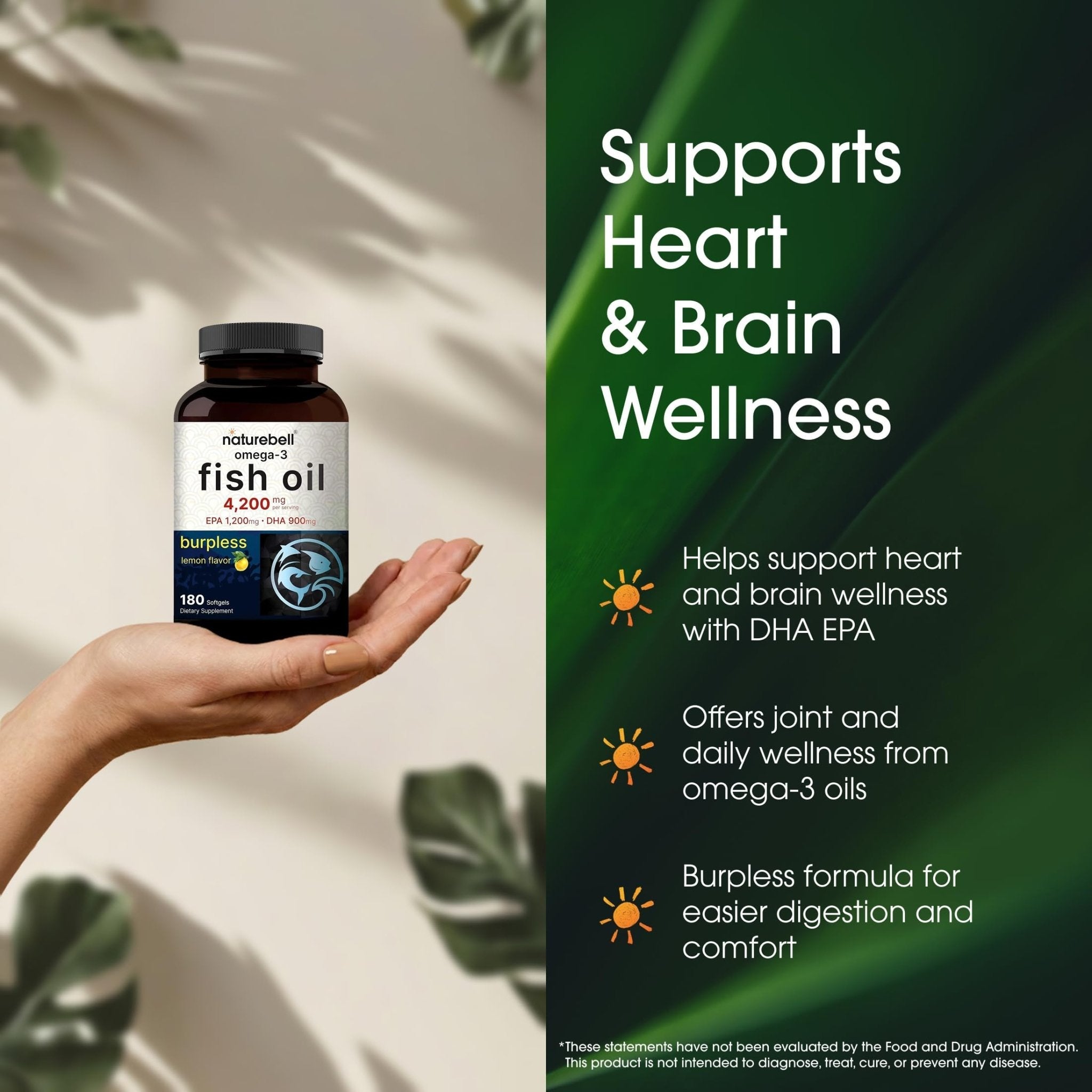 NatureBell Omega-3 Fish Oil - 180 Softgels - Support for Joint, Brain & Heart Health* - with EPA & DHA - No Burps or Fishy Aftertaste - Non-GMO & Mercury-Free Formula - Lemon Flavor - Maple Wellness Supplements
