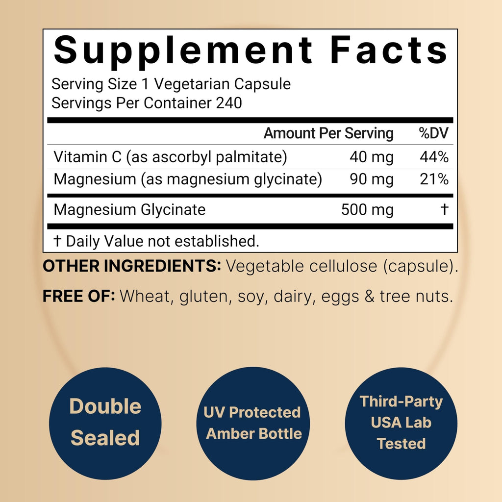 Naturebell Pure Magnesium Glycinate 500mg, 240 Veggie Capsules | 100% Chelated & Purified – 3rd Party Tested, Vegan Friendly, Non-GMO, Fiiler Free - TrustMedUSA