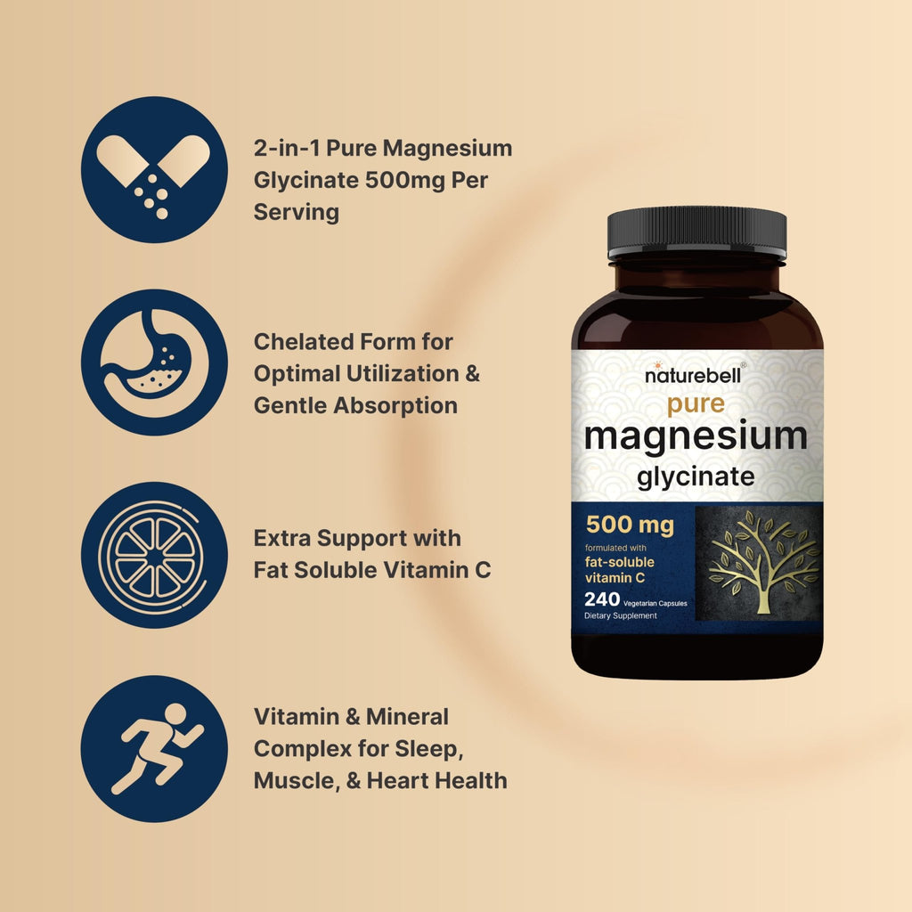 Naturebell Pure Magnesium Glycinate 500mg, 240 Veggie Capsules | 100% Chelated & Purified – 3rd Party Tested, Vegan Friendly, Non-GMO, Fiiler Free - TrustMedUSA