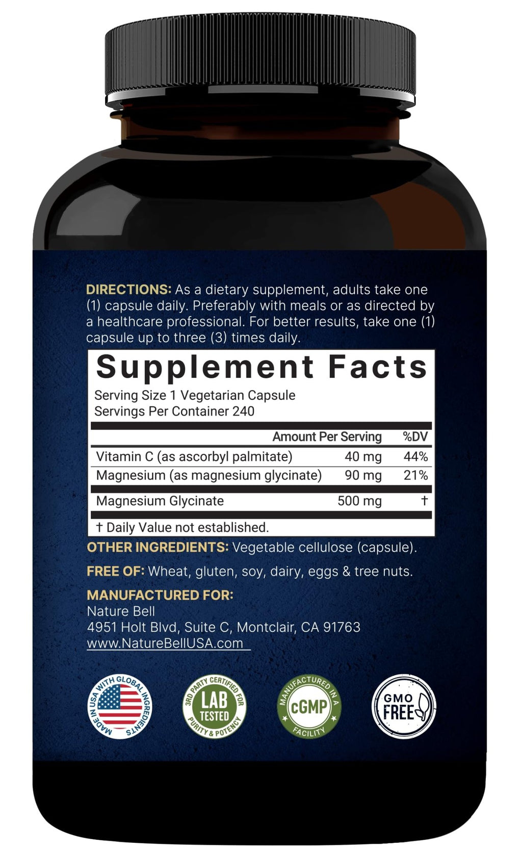 Naturebell Pure Magnesium Glycinate 500mg, 240 Veggie Capsules | 100% Chelated & Purified – 3rd Party Tested, Vegan Friendly, Non-GMO, Fiiler Free - TrustMedUSA