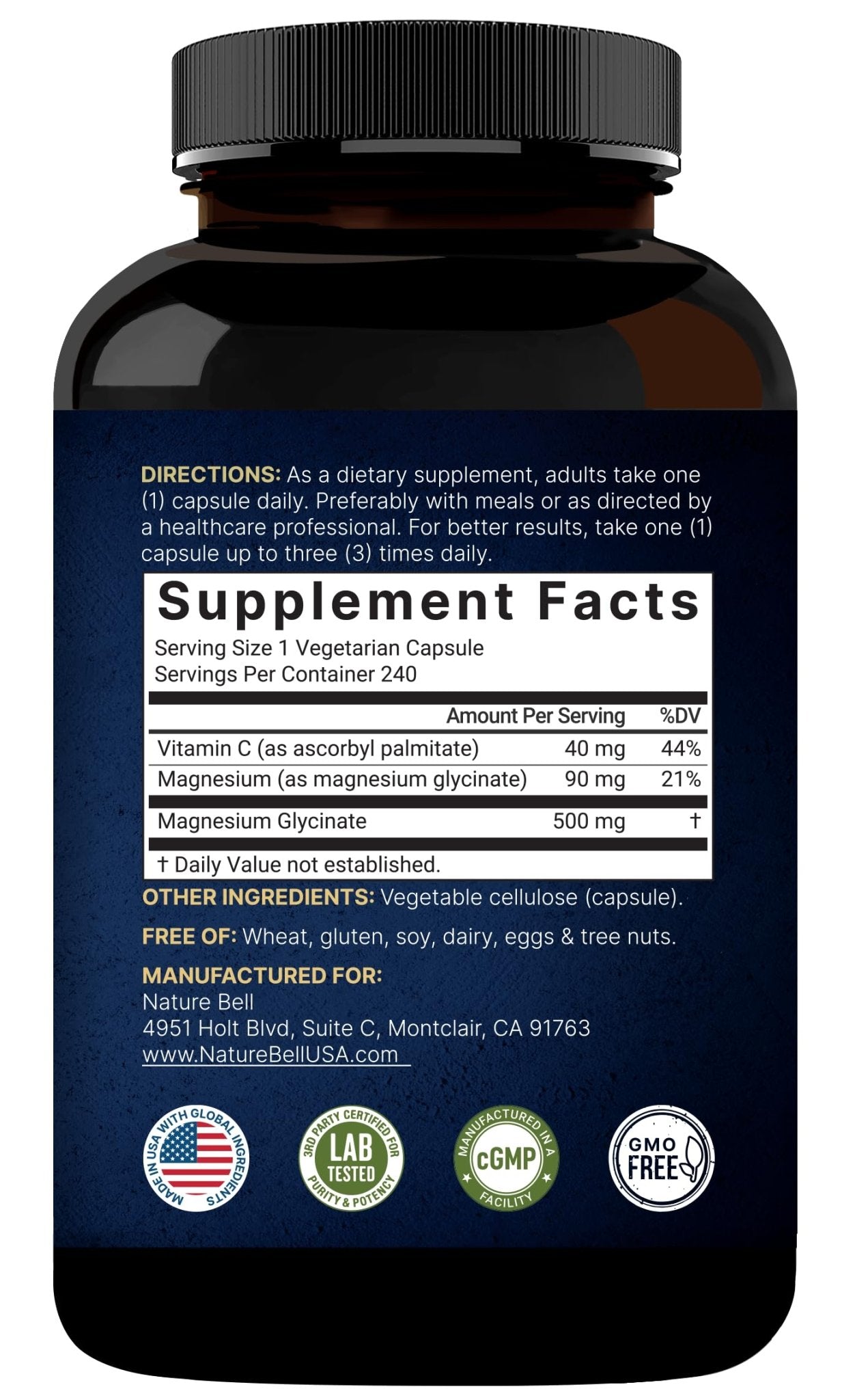 Naturebell Pure Magnesium Glycinate 500mg, 240 Veggie Capsules | 100% Chelated & Purified – 3rd Party Tested, Vegan Friendly, Non-GMO, Fiiler Free - TrustMedUSA