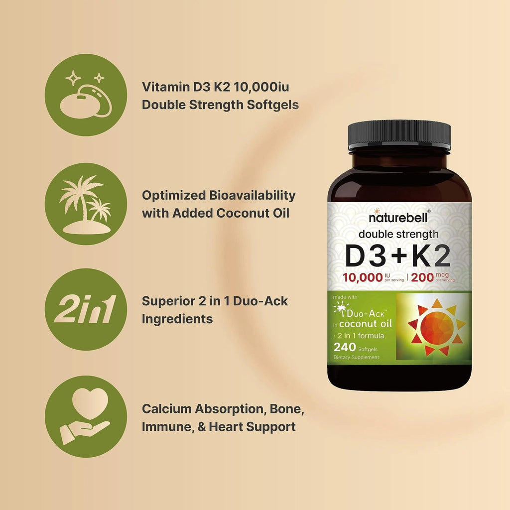 NatureBell Vitamin D3 K2 (10,000 IU Vitamin D + 200mcg Vitamin K MK-7) 240 Softgels - TrustMedUSA