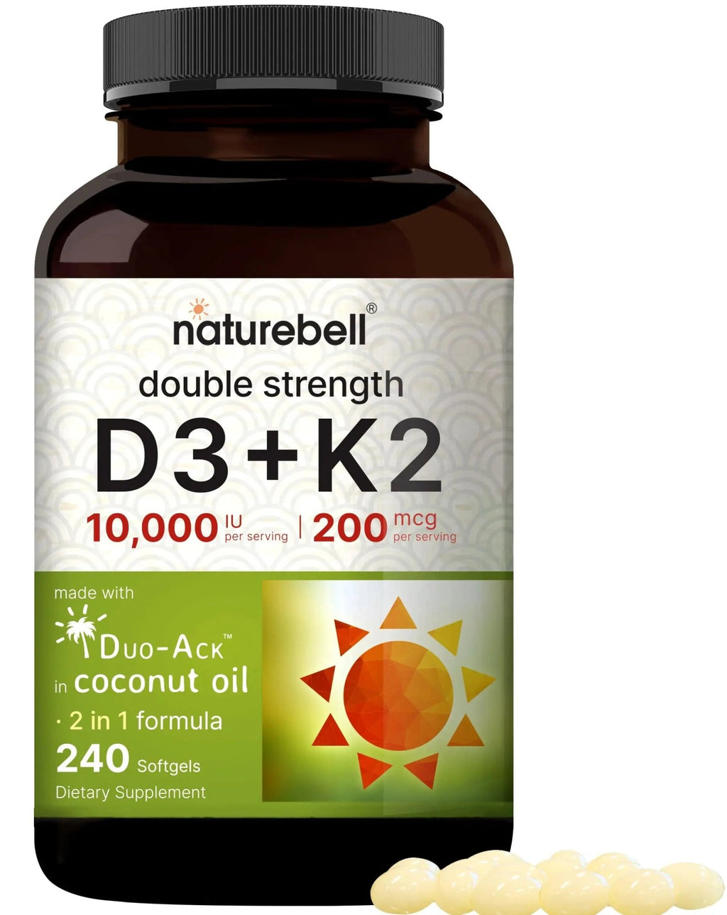 NatureBell Vitamin D3 K2 (10,000 IU Vitamin D + 200mcg Vitamin K MK-7) 240 Softgels - TrustMedUSA