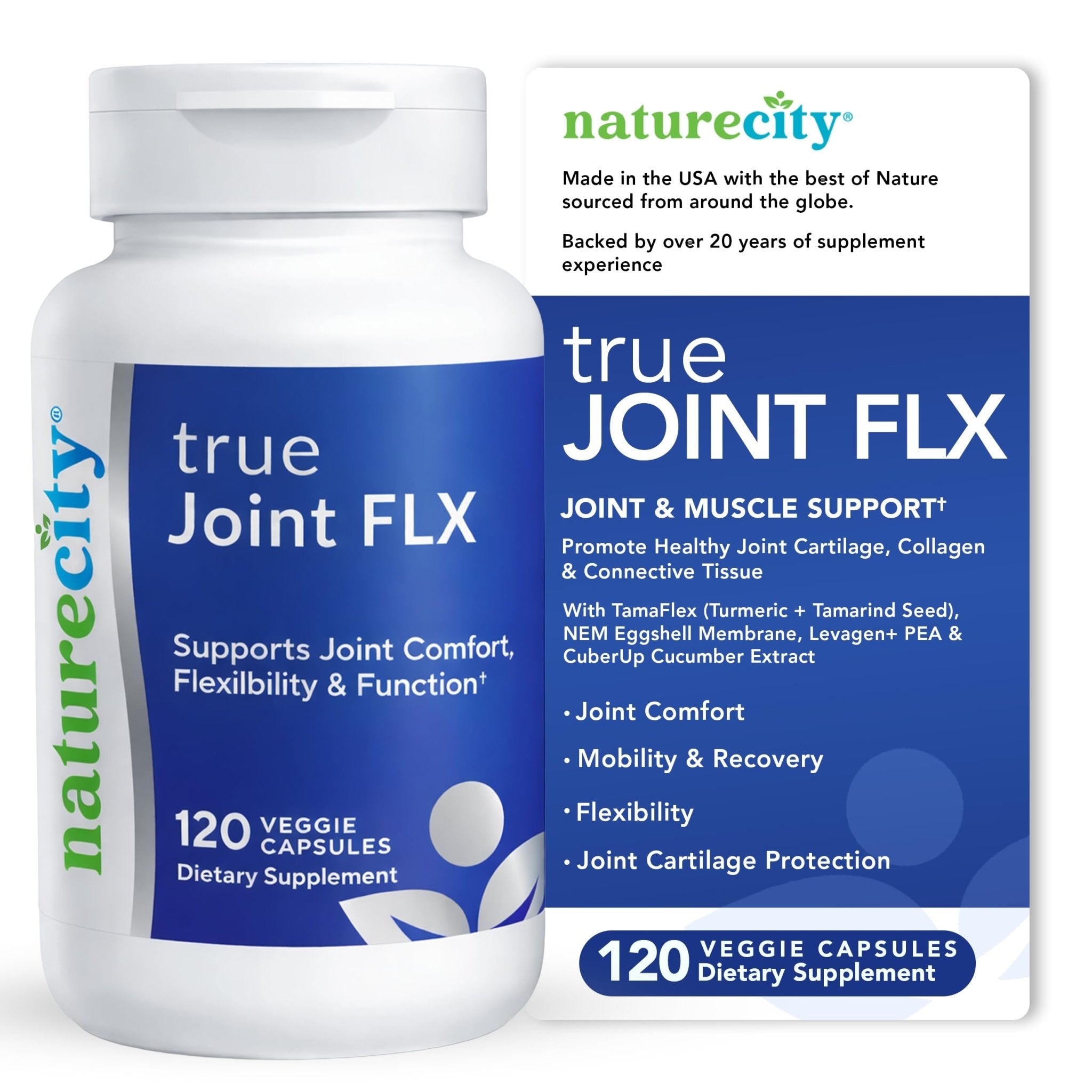 NatureCity True-Joint FLX Joint Supplement Formula (120 Capsules) | TamaFlex, NEM Eggshell Membrane, Levagen+ PEA & CuberUp | Supports Joint Comfort, Flexibility, Mobility, Function & Cartilage Health - TrustMedUSA