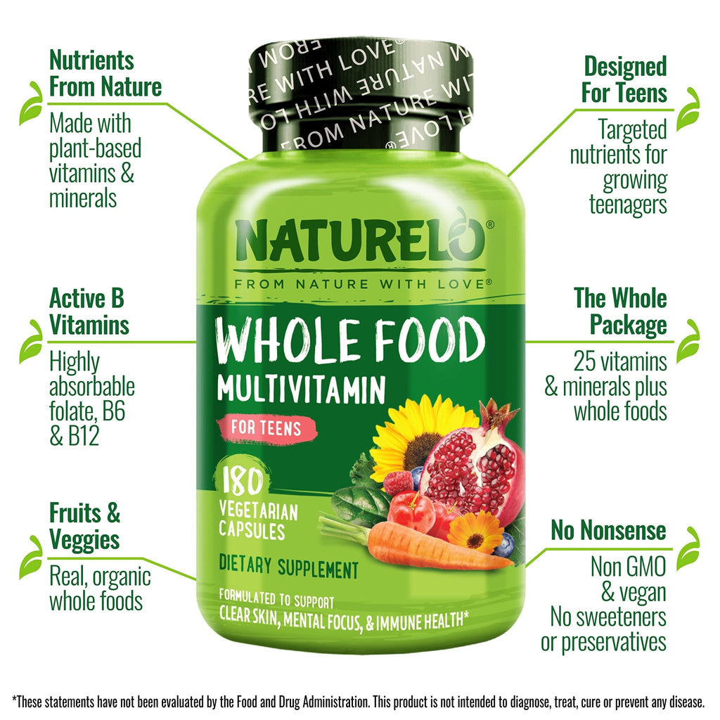 NATURELO Multivitamins for Teenage Girls/Boys, 180 Capsules, Whole Food Multivitamin with Minerals, Non-GMO, Vegetarian - TrustMedUSA