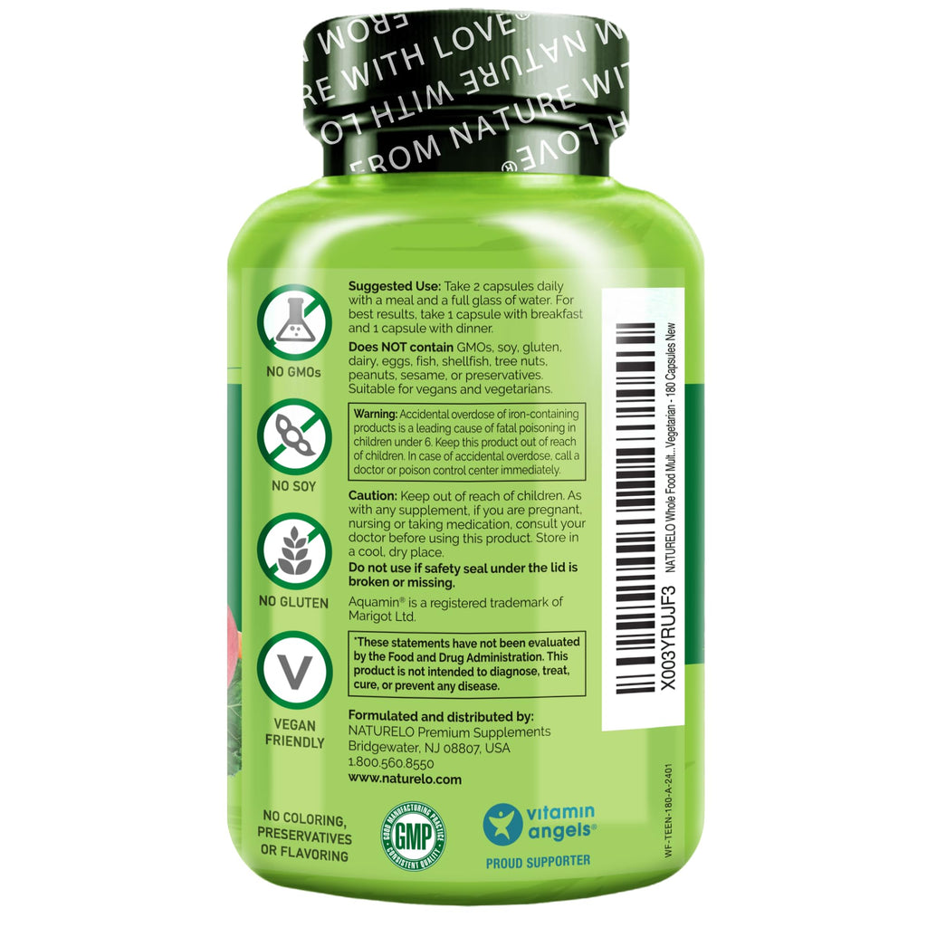 NATURELO Multivitamins for Teenage Girls/Boys, 180 Capsules, Whole Food Multivitamin with Minerals, Non-GMO, Vegetarian - TrustMedUSA