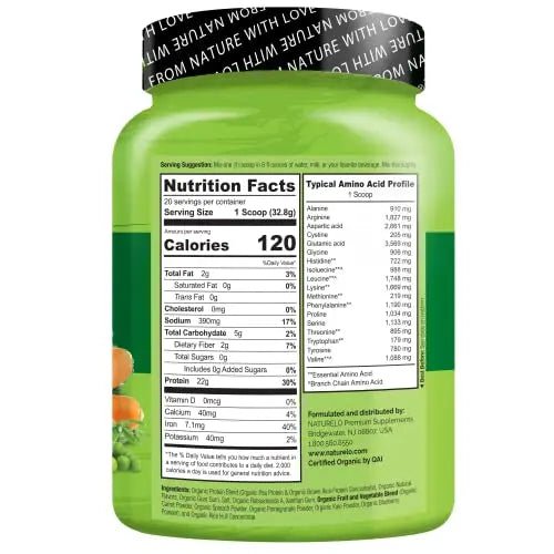 NATURELO Plant Protein Powder, Vanilla, 22g Protein - Non-GMO, 20 Ser - TrustMedUSA