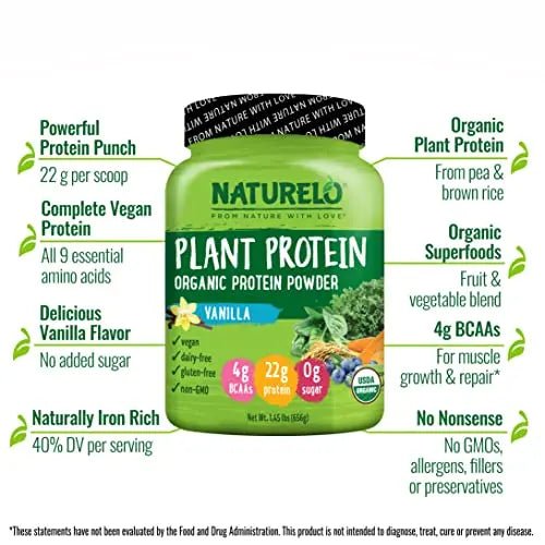 NATURELO Plant Protein Powder, Vanilla, 22g Protein - Non-GMO, 20 Ser - TrustMedUSA