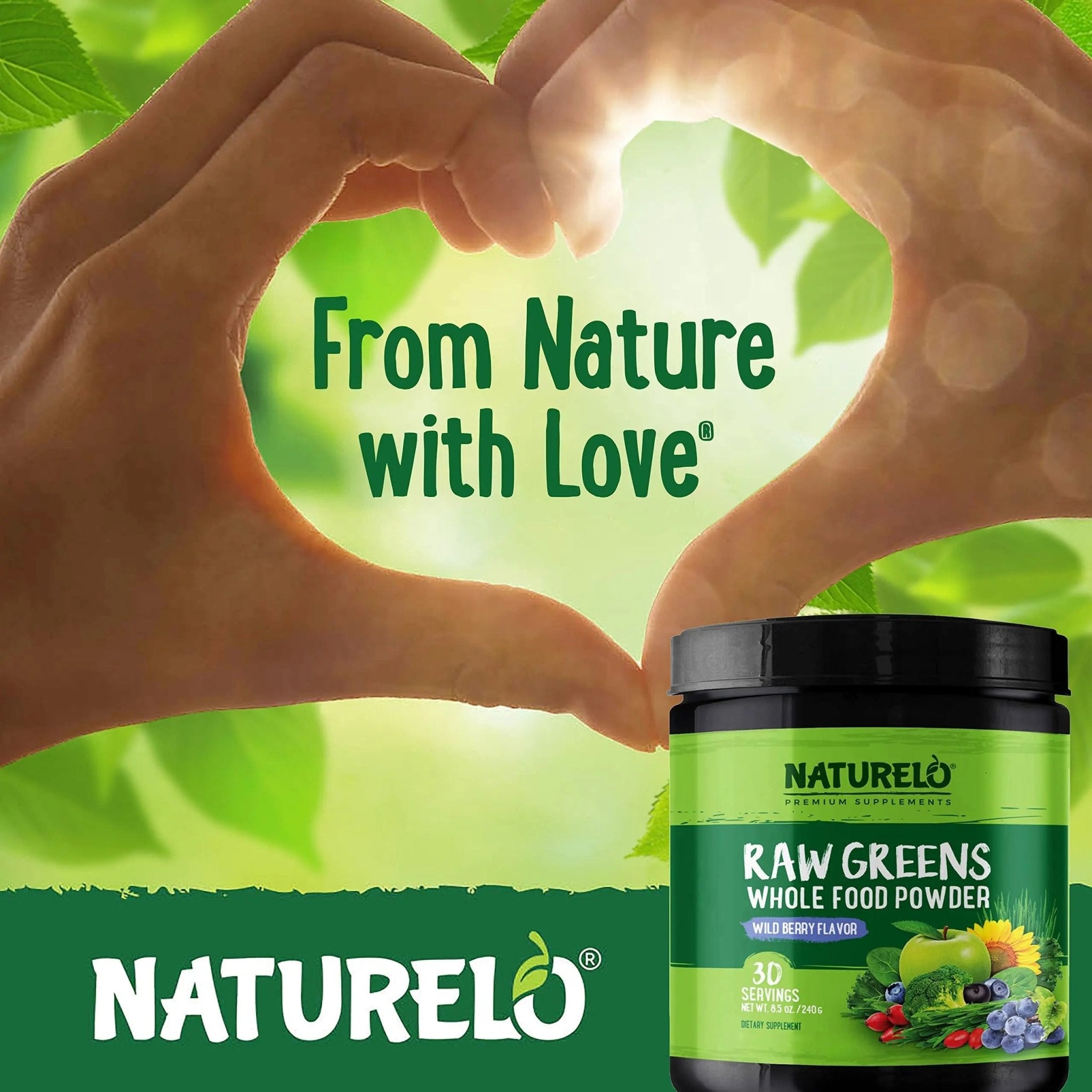 NATURELO Raw Greens Superfood Powder - Wild Berry Flavor - Boost Ener - TrustMedUSA