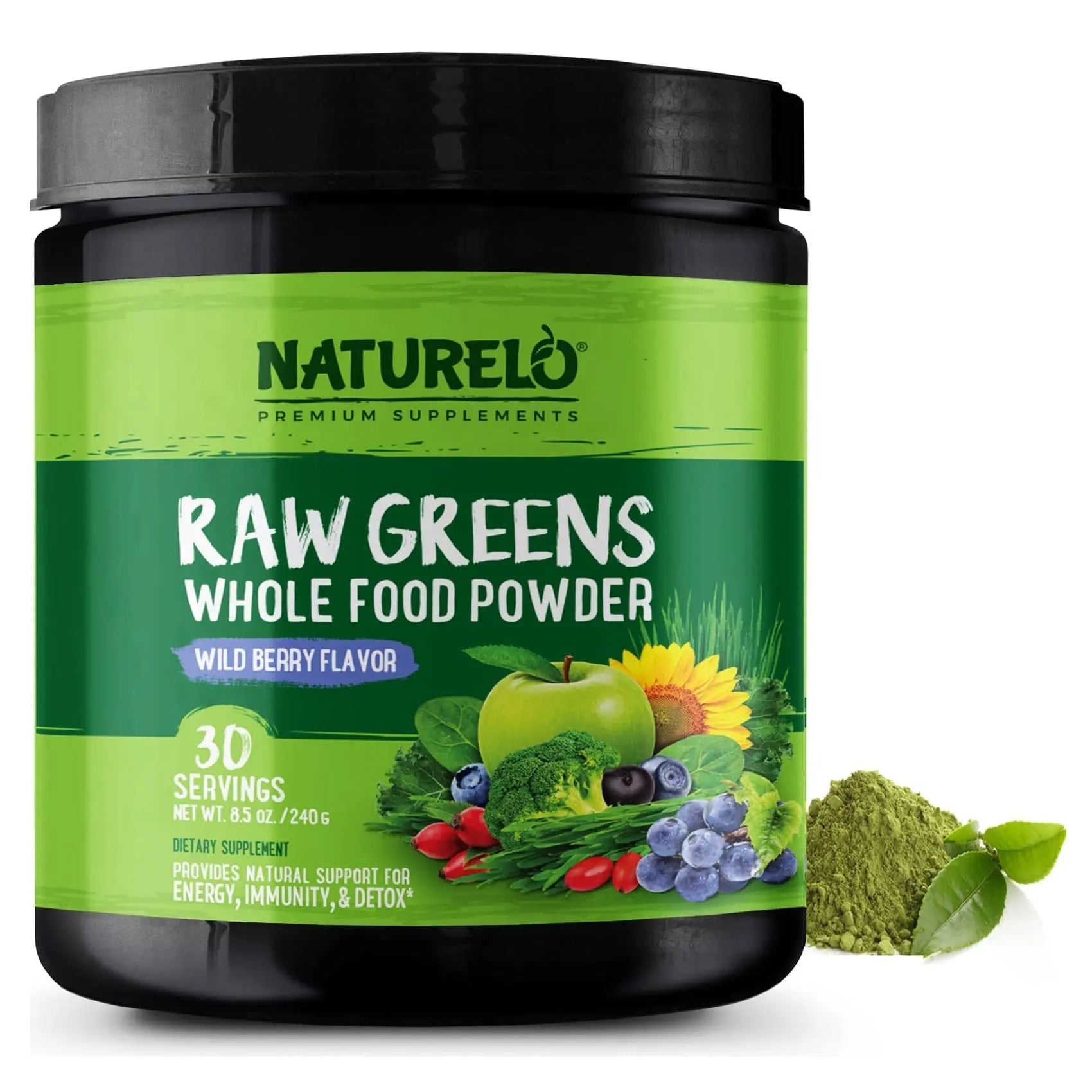 NATURELO Raw Greens Superfood Powder - Wild Berry Flavor - Boost Ener - TrustMedUSA