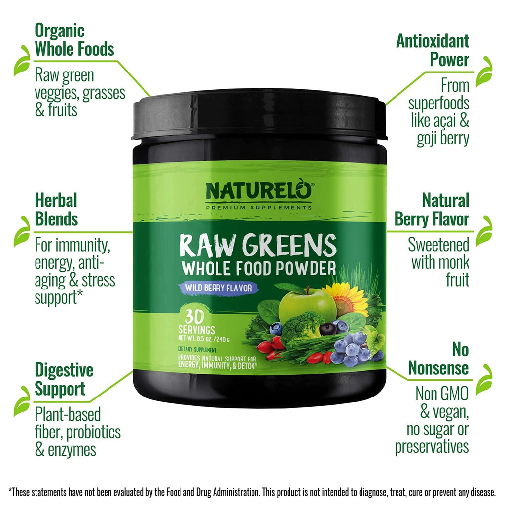 NATURELO Raw Greens Superfood Powder - Wild Berry Flavor - Boost Ener - TrustMedUSA
