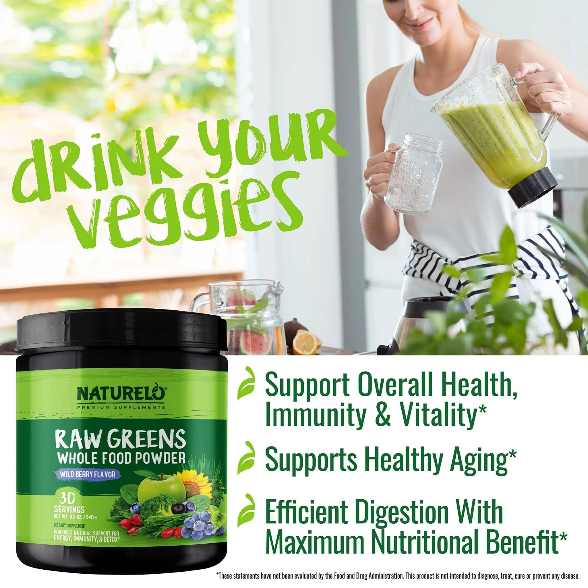 NATURELO Raw Greens Superfood Powder - Wild Berry Flavor - Boost Ener - TrustMedUSA