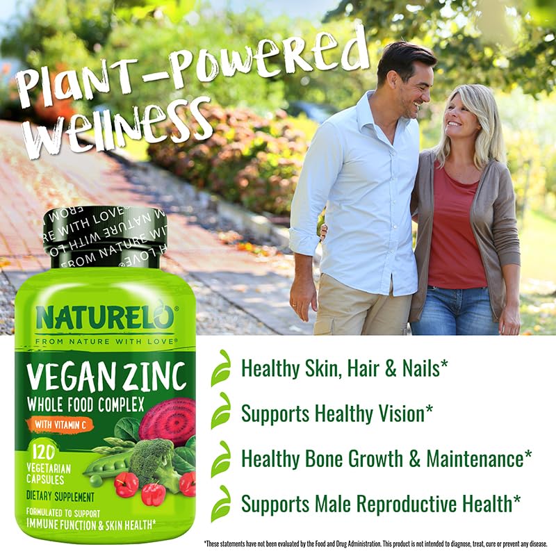 NATURELO Vegan Zinc Immune Support Capsules - Whole Food Complex with Vitamin C for Healthy Skin, Hair, and Nails - 120 Capsules - TrustMedUSA