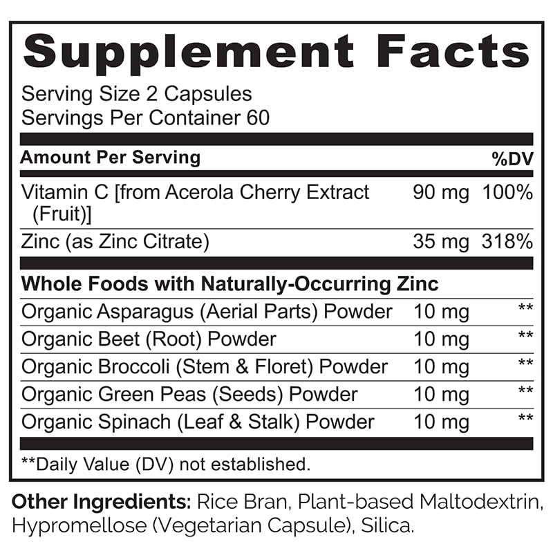 NATURELO Vegan Zinc Immune Support Capsules - Whole Food Complex with Vitamin C for Healthy Skin, Hair, and Nails - 120 Capsules - TrustMedUSA