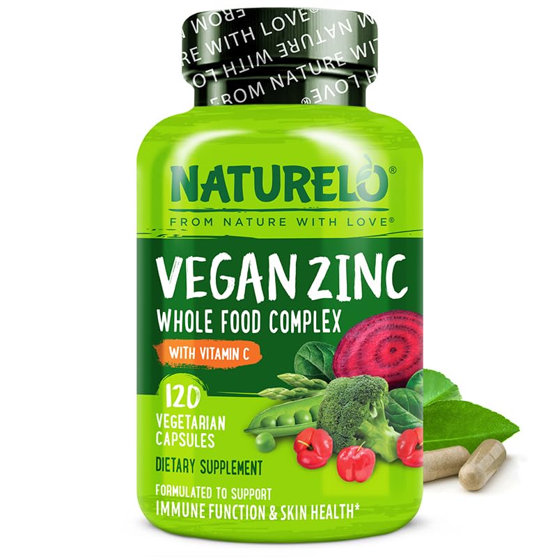 NATURELO Vegan Zinc Immune Support Capsules - Whole Food Complex with Vitamin C for Healthy Skin, Hair, and Nails - 120 Capsules - TrustMedUSA