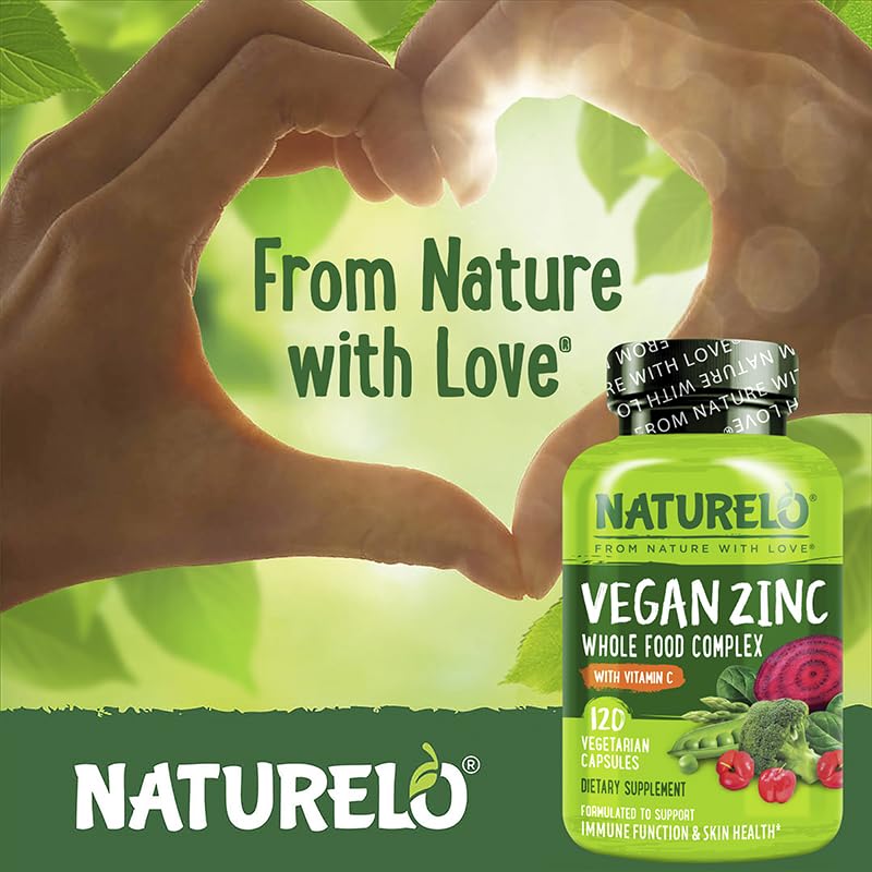 NATURELO Vegan Zinc Immune Support Capsules - Whole Food Complex with Vitamin C for Healthy Skin, Hair, and Nails - 120 Capsules - TrustMedUSA