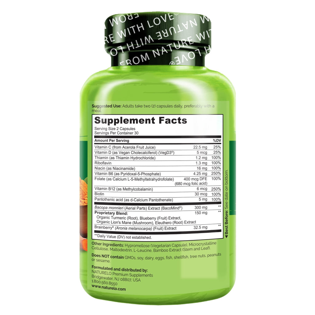NATURELO Whole Food Brain Supplement - Brain Health Supplements for Memory & Focus Support - Enhance Brain Health Blend Supplement for Adults - TrustMedUSA