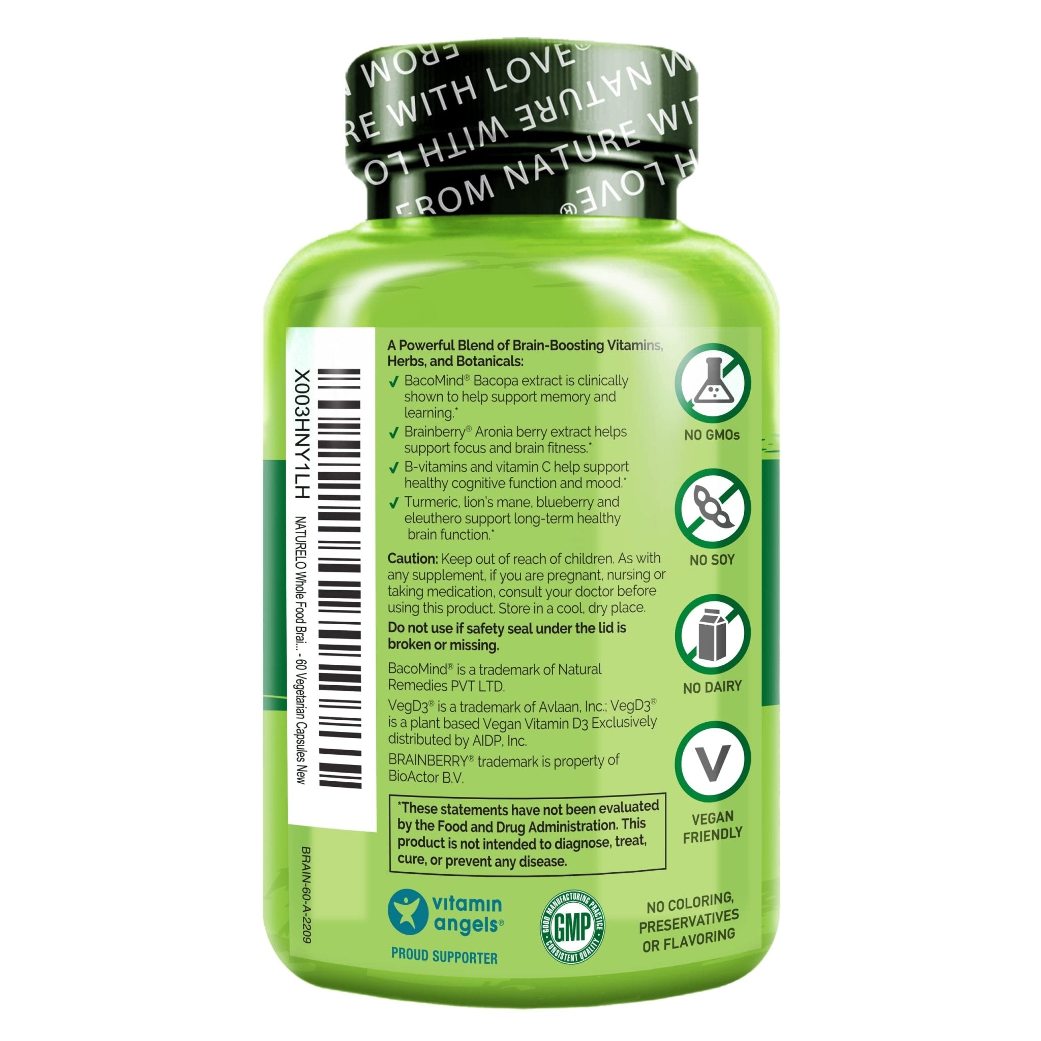 NATURELO Whole Food Brain Supplement - Brain Health Supplements for Memory & Focus Support - Enhance Brain Health Blend Supplement for Adults - TrustMedUSA