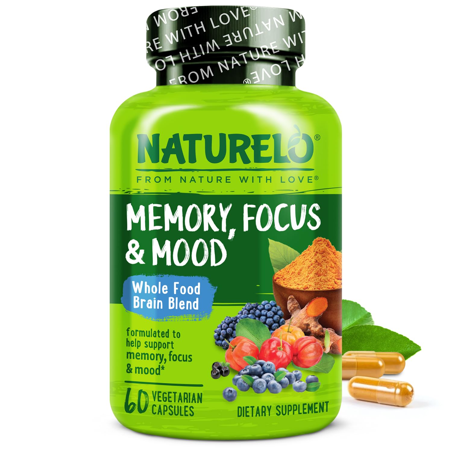 NATURELO Whole Food Brain Supplement - Brain Health Supplements for Memory & Focus Support - Enhance Brain Health Blend Supplement for Adults - TrustMedUSA