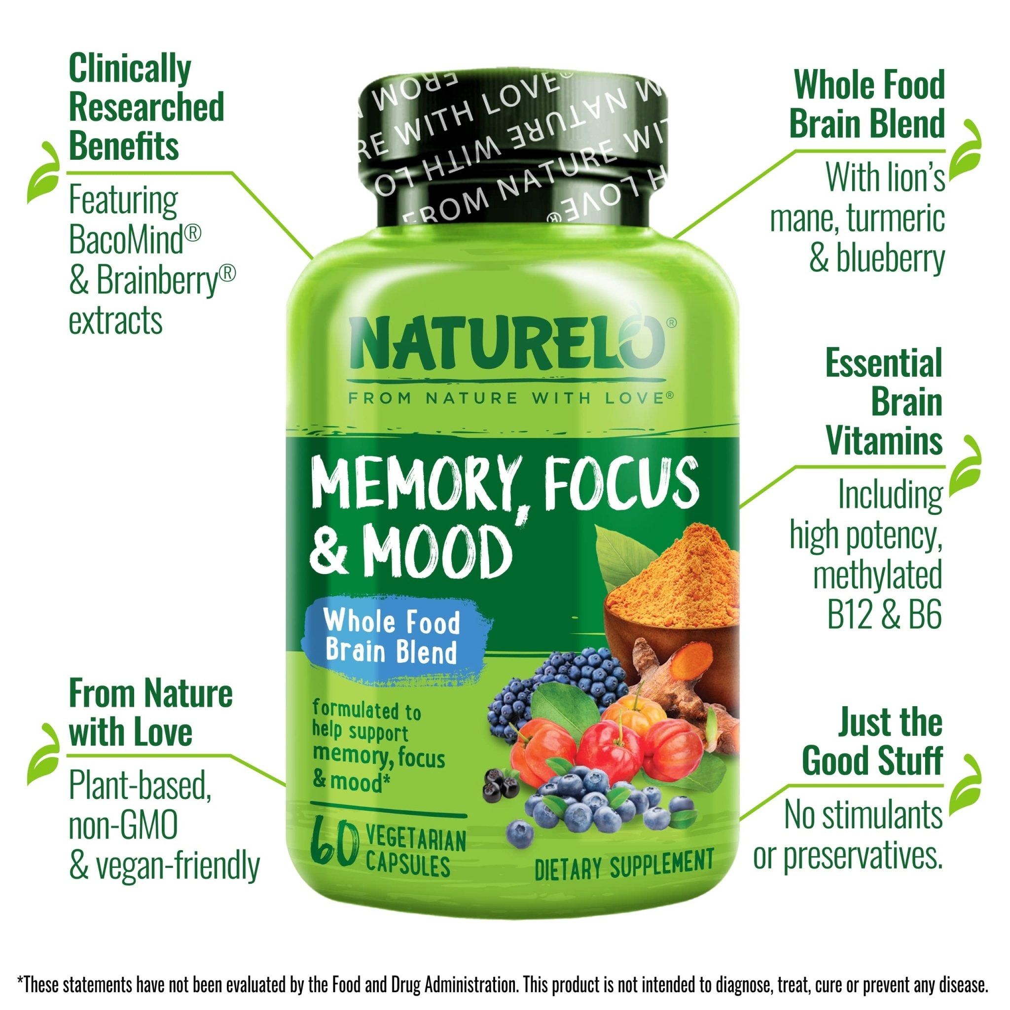 NATURELO Whole Food Brain Supplement - Brain Health Supplements for Memory & Focus Support - Enhance Brain Health Blend Supplement for Adults - TrustMedUSA