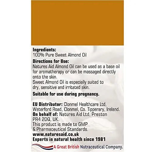 Natures Aid Almond Oil, Pure, Sweet Almond Oil, Massage Oil, Suited to Dry, Sensitive Skin - TrustMedUSA