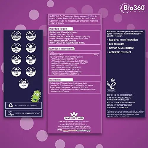 Natures Aid Bio360 Kidz Pro-5 (5 Billion Bacteria) from Natures Aid, Children's Microbiotic - TrustMedUSA