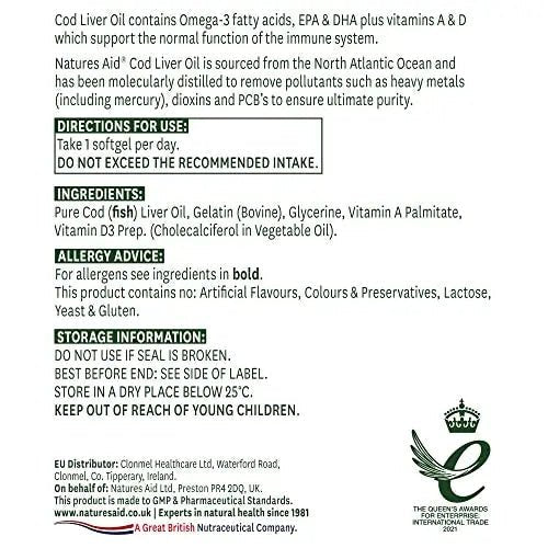 Natures Aid Cod Liver Oil, 1000 mg, 180 Softgel Capsules (High Strength, 254 mg Omega - TrustMedUSA