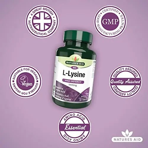 Natures Aid L-Lysine 1000 mg, High Potency Essential Amino Acid, Vegan, 60 Tablets - TrustMedUSA