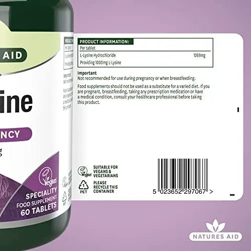 Natures Aid L-Lysine 1000 mg, High Potency Essential Amino Acid, Vegan, 60 Tablets - TrustMedUSA