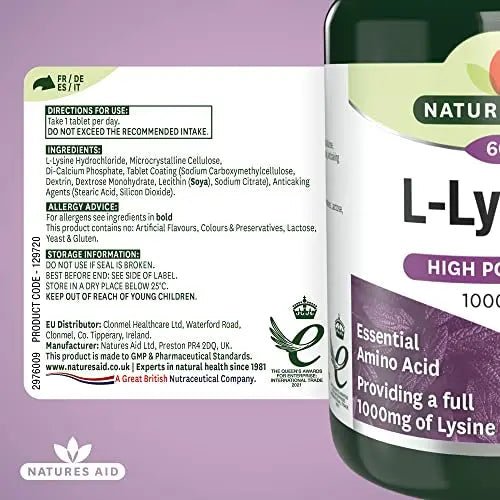 Natures Aid L-Lysine 1000 mg, High Potency Essential Amino Acid, Vegan, 60 Tablets - TrustMedUSA